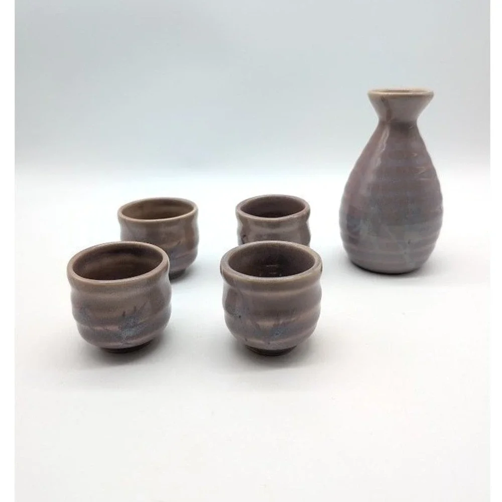 Vintage‎ Handmade Japanese Ceramic Sake Tokkuri Carafe Ochoko Cups Glazed Purple